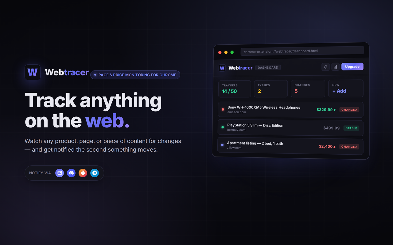Track anything on the web — hero with dashboard preview